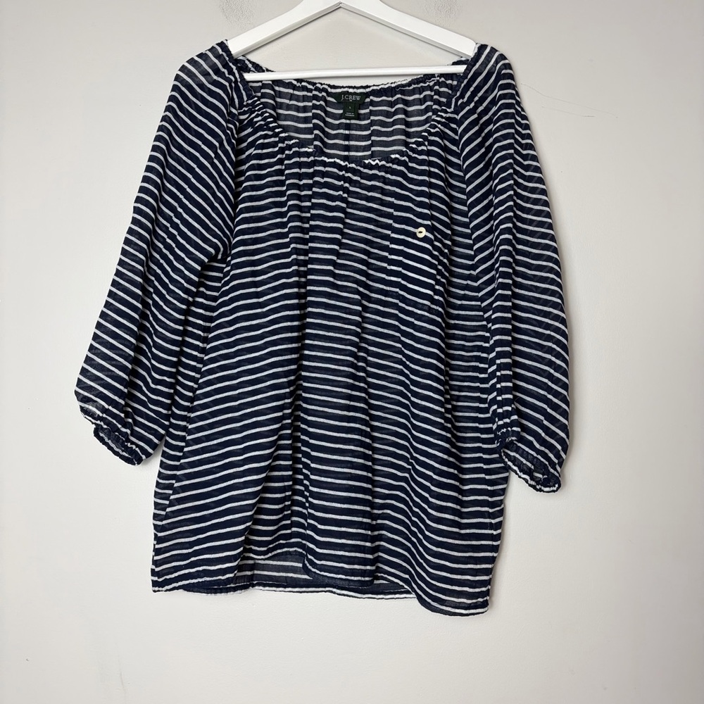 J. Crew Navy Striped Sheer Boat Neck Three Quarter Sleeve Top‎ Women's Large